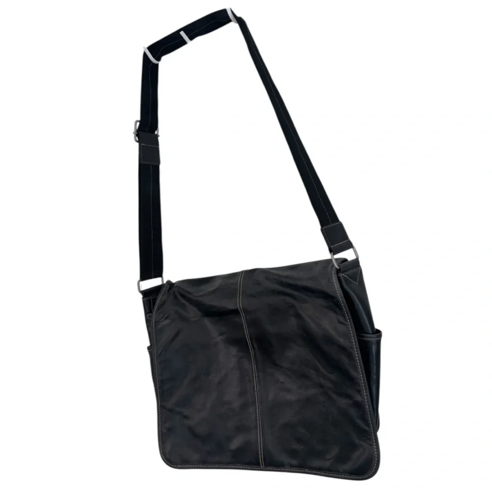 NWT Perry Ellis Portfolio Full Flap Black Leather Adjustable Messenger Bag